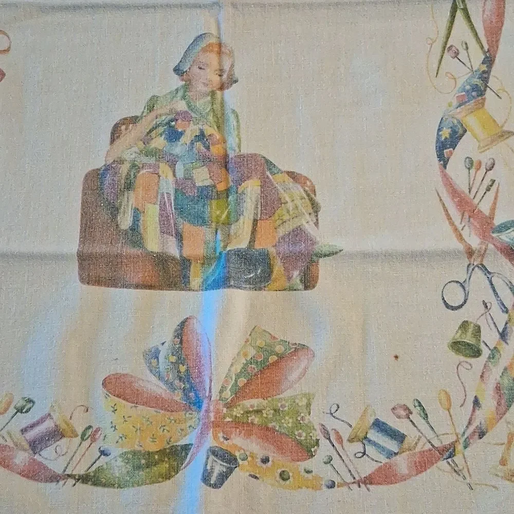 Vintage linen Tea Towels: 1 With Cute sewing Scene, 1 With Early American Pewter